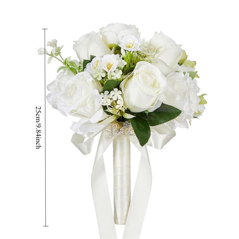 Artificial Rose Bridal Bridesmaid Bouquet | Wedding Church Valentine's Day in Champagne White