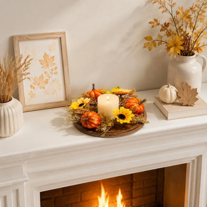 4 Pack Artificial Fall Candle Ring Wreath, 9.84 Inch Mini Autumn Candle Holder Wreath with Orange Pumpkins, Sunflowers and Foliage, Small Table Centerpiece Ring for Farmhouse Kitchen, Thanksgiving Harvest and Farmhouse Indoor Tabletop Decor