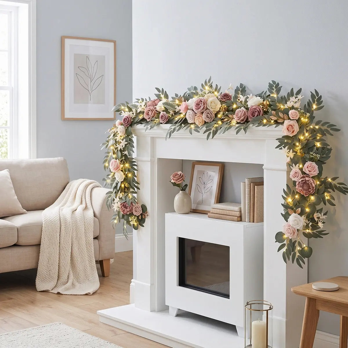 Artificial mauve dusty pink ivory rose eucalyptus garland with warm LED lights draped over white fireplace mantel surround in bright modern living room – IPOPU