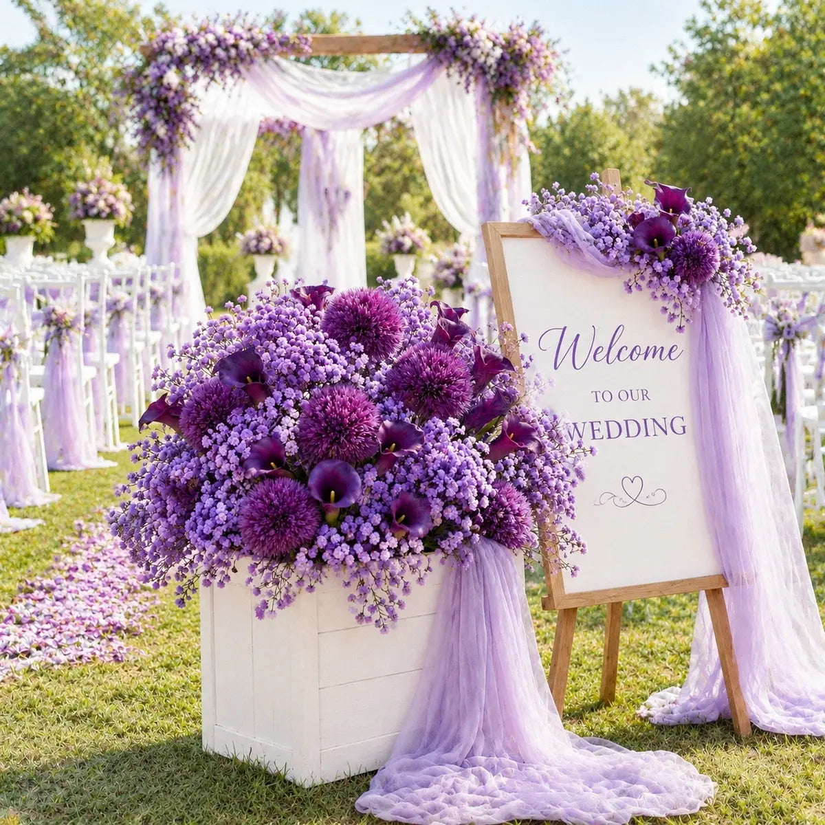 Artificial purple flower stems set 34 styled in white wood planter box at outdoor purple lavender wedding ceremony with arch backdrop – IPOPU
