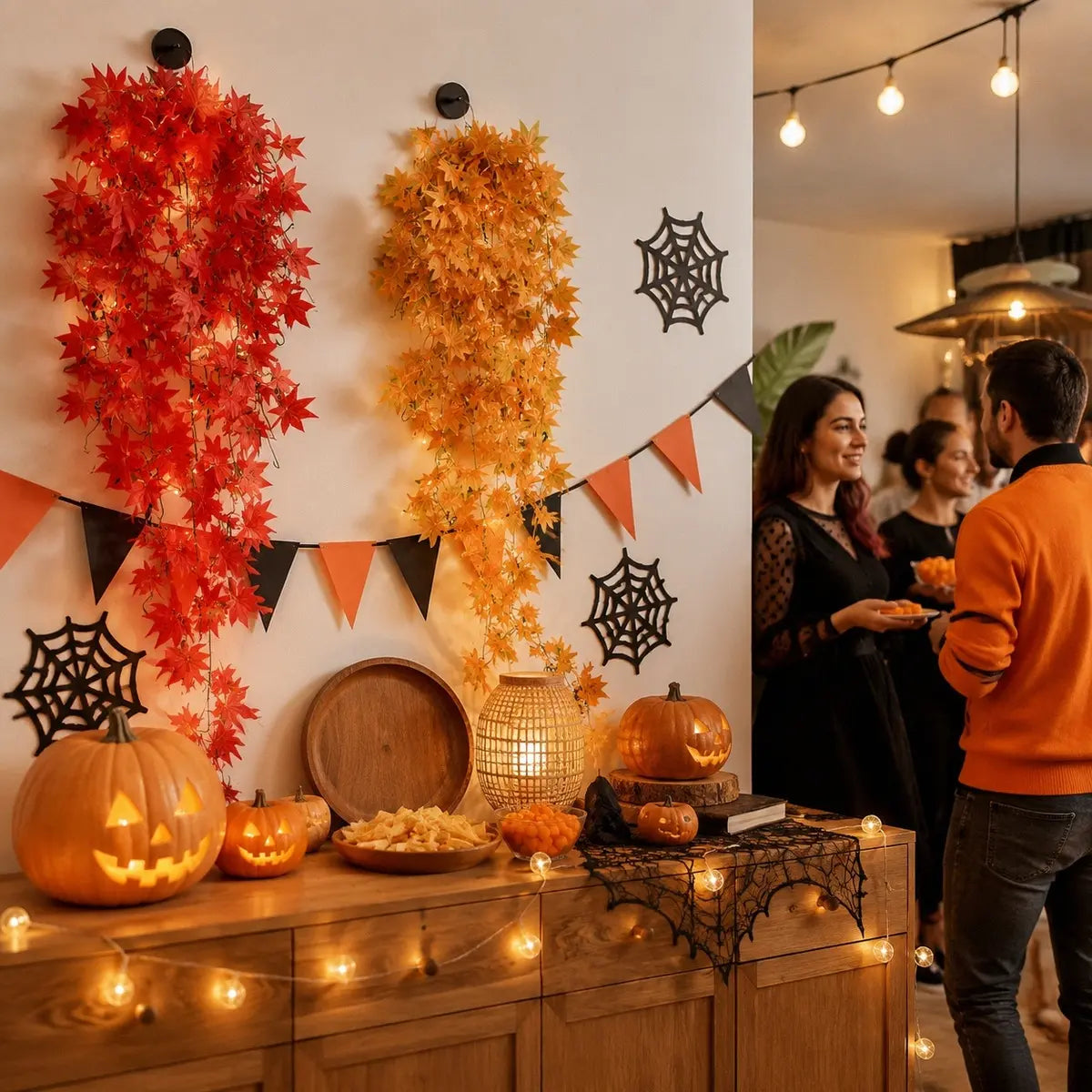Red and yellow artificial maple leaf hanging vines on wall with Halloween pumpkins and spider web decorations, party decor
