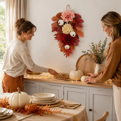 Person arranging a harvest teardrop swag with white pumpkins and burgundy floral accents for Thanksgiving front door decor
