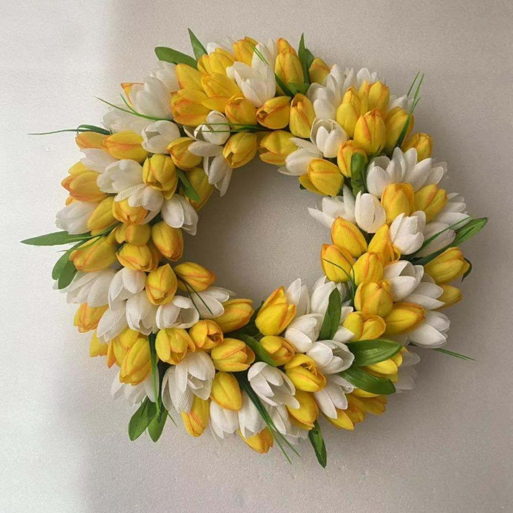 Artificial Spring Tulip Wreath for Front Door | Wall Window Mother's Day Easter Wedding & Party Decor in Pink Yellow Orange