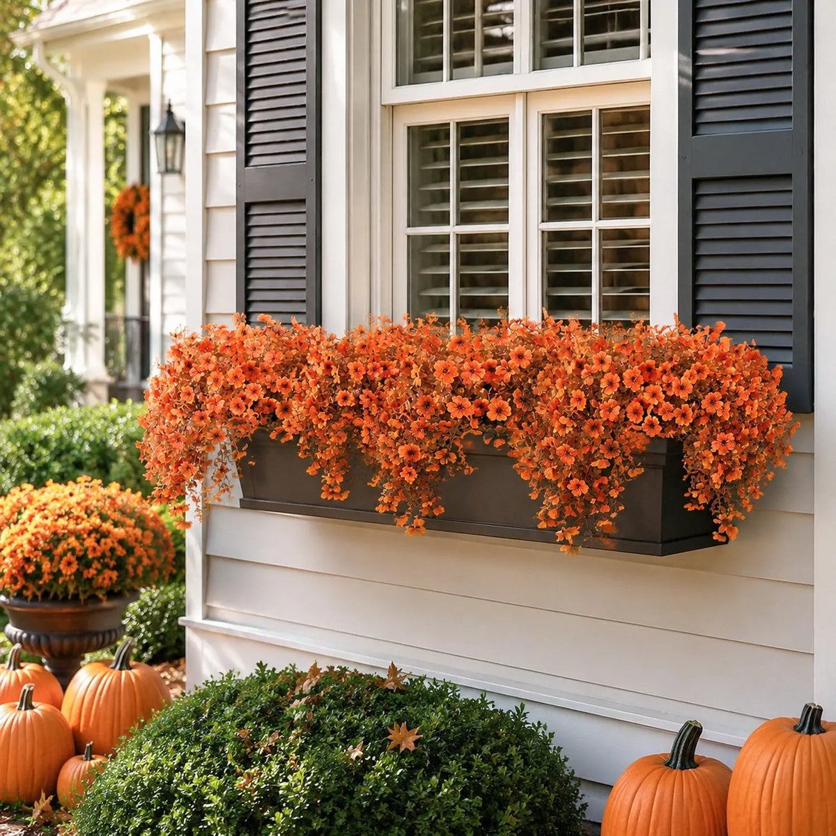 Sunset orange artificial fall mum hanging bush set of 2 overflowing charcoal window box at white colonial house exterior with shutters orange mums in urn and pumpkins at fall front porch – IPOPU