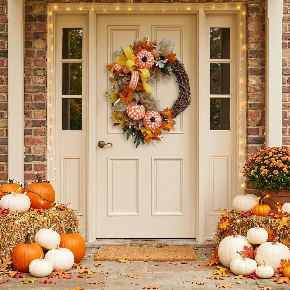 Fall pumpkin wreath with yellow ribbon and maple leaves on cream front door, brick porch decorated with hay bales, orange and white pumpkins and string lights