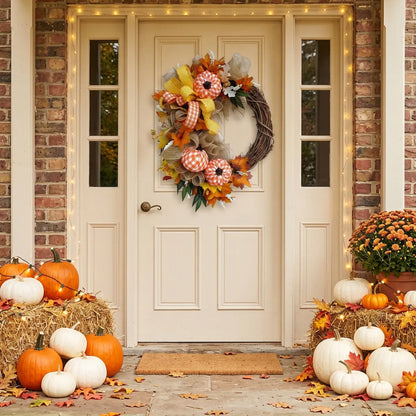 Fall pumpkin wreath with yellow ribbon and maple leaves on cream front door, brick porch decorated with hay bales, orange and white pumpkins and string lights