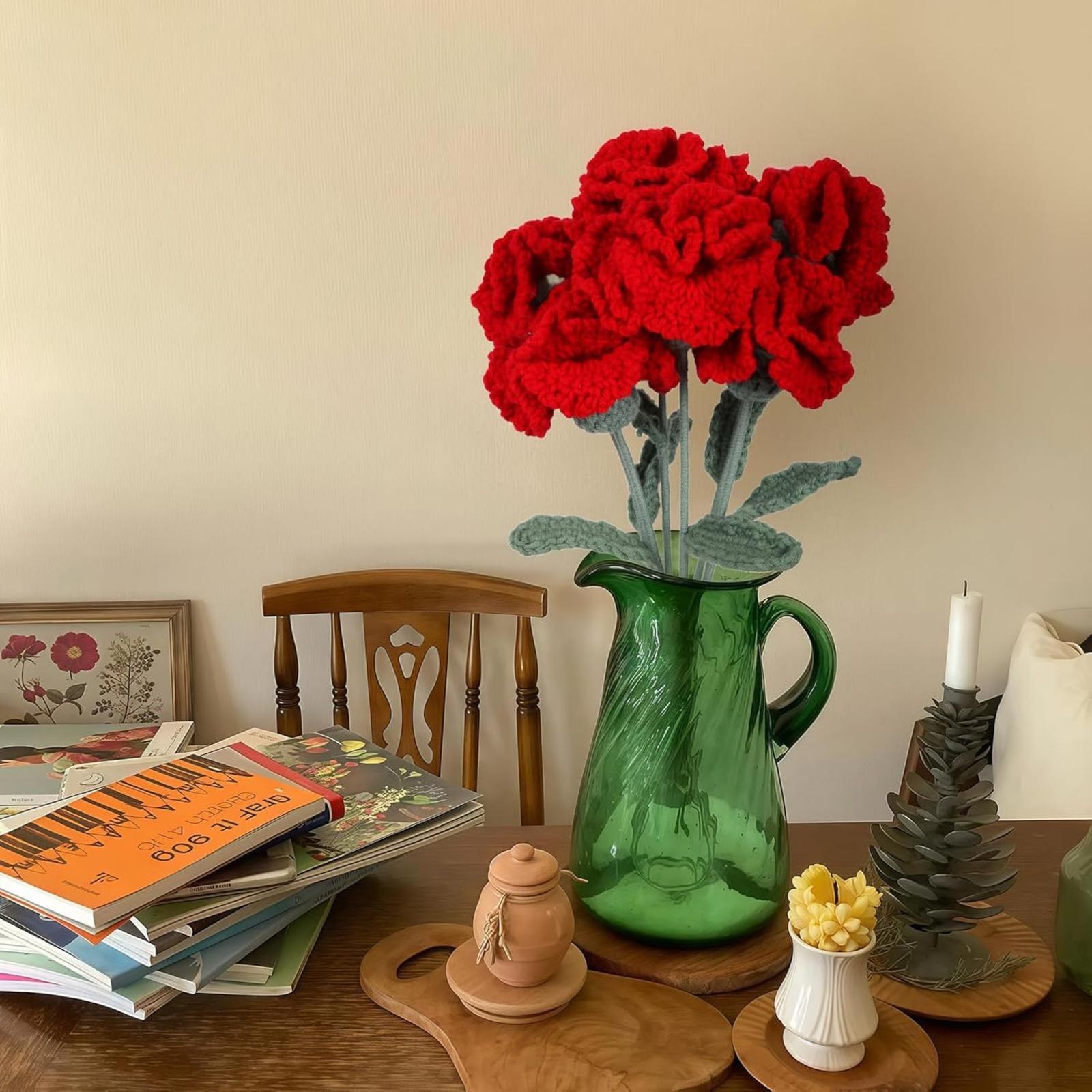 Handmade Crochet Carnation Flowers 6pcs 16.9 inch Bendable Stem | Vase Table Home Decor & Gift in Red Pink White Blue Peach Pink