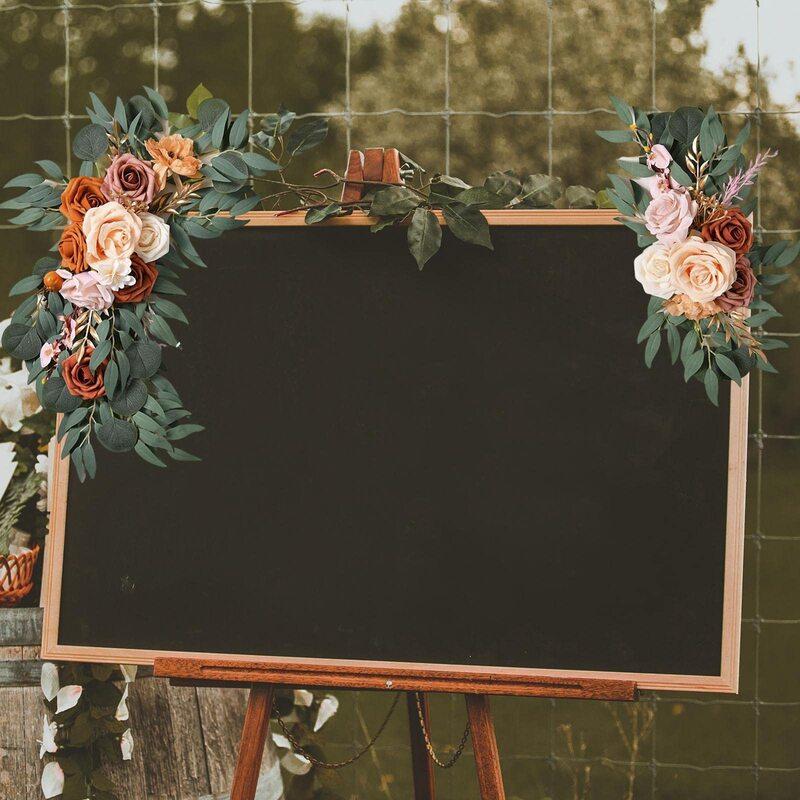 Boho Wedding Arch Flowers Kit with Rose Eucalyptus Garland & Drapes | Wedding Ceremony Backdrop & Welcome Sign Decor in Gold White Blue Red Pink Purple