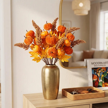 6PCS artificial autumn pumpkin berry maple stem picks arranged in a tall gold metallic vase on a wooden entryway console table with a round arch mirror, rattan tray, and warm ambient lighting for fall home decor