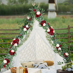 Artificial Eucalyptus Willow Leaf Garland with White Flowers | Wedding Table Runner Backdrop Party & Home Decor in Orange Red Blue White