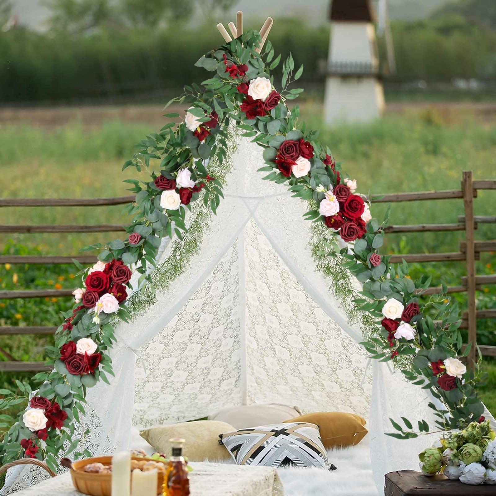 Artificial Eucalyptus Willow Leaf Garland with White Flowers | Wedding Table Runner Backdrop Party & Home Decor in Orange Red Blue White