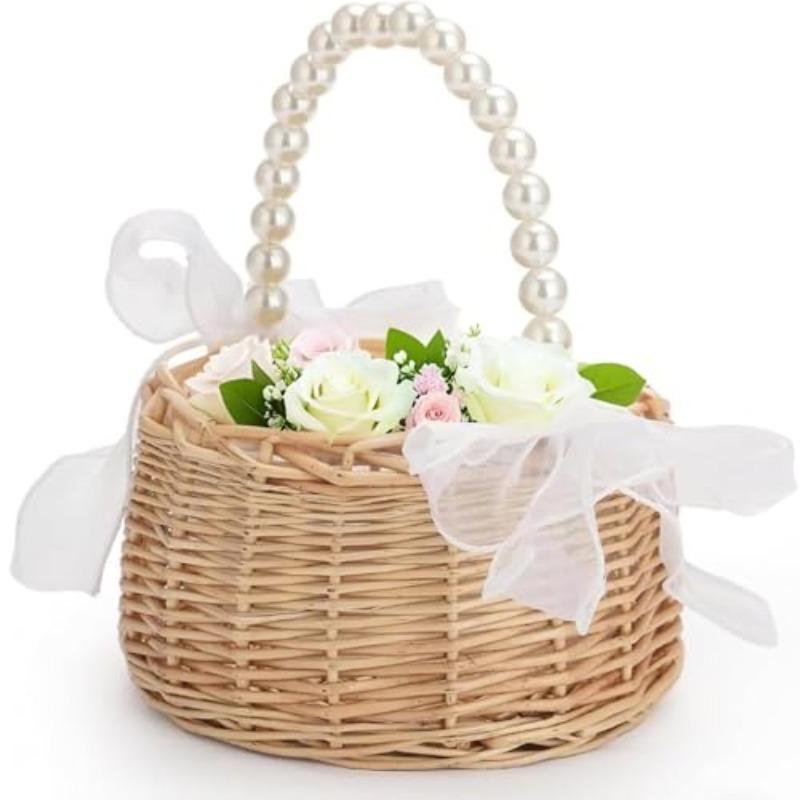 Wicker Wedding Flower Girl Basket with Pearl Handle & Ribbon Bow | Rustic Boho Handwoven Satin Ceremony & Picnic Basket
