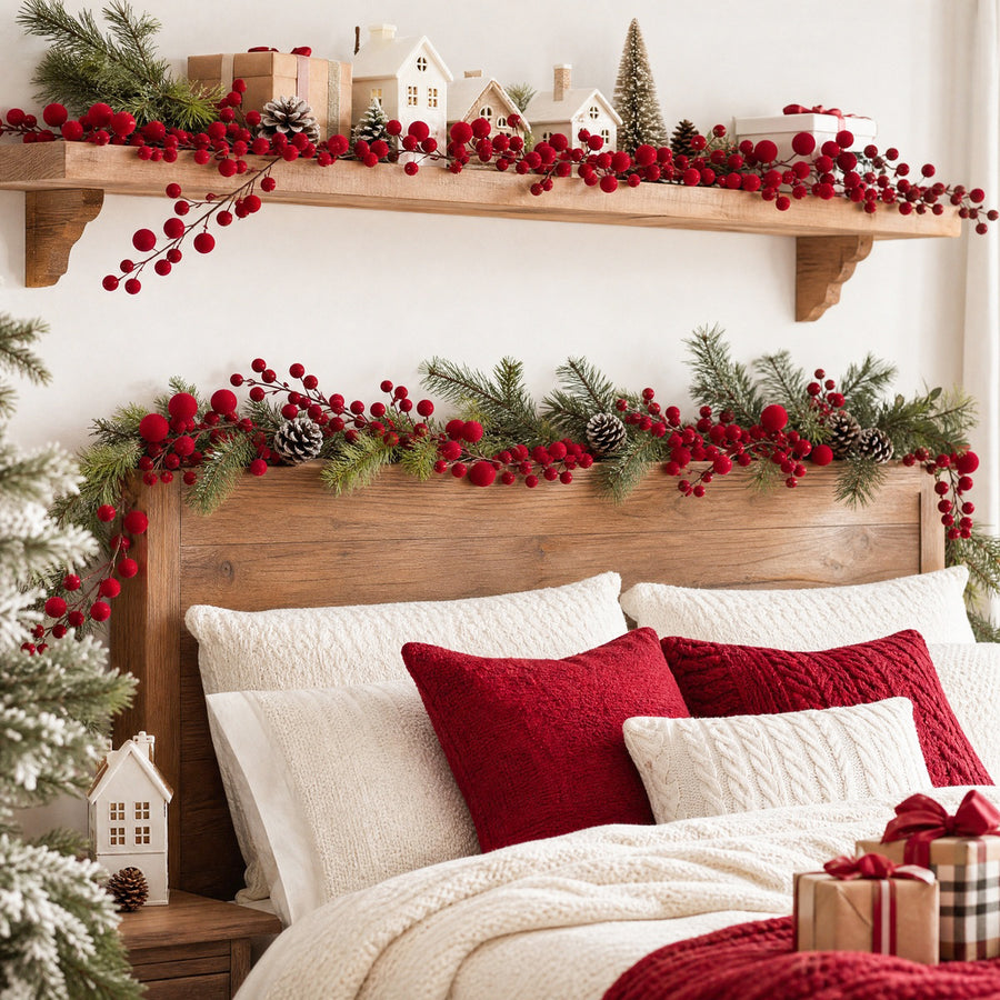 6 Ft Burgundy Red Velvet Ball Garland with Vintage Beads