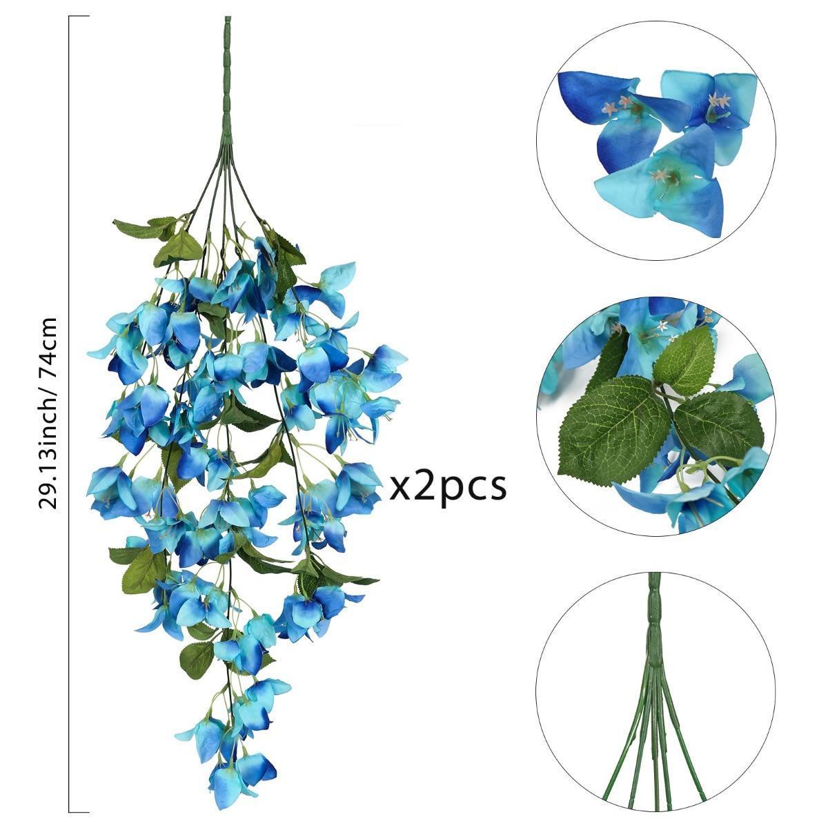Artificial Bougainvillea Hanging Flowers 2pcs | UV Resistant Silk Vine for Garden Yard Porch Patio Wedding & Home Outdoor Decor in Pink Purple White Blue Orange
