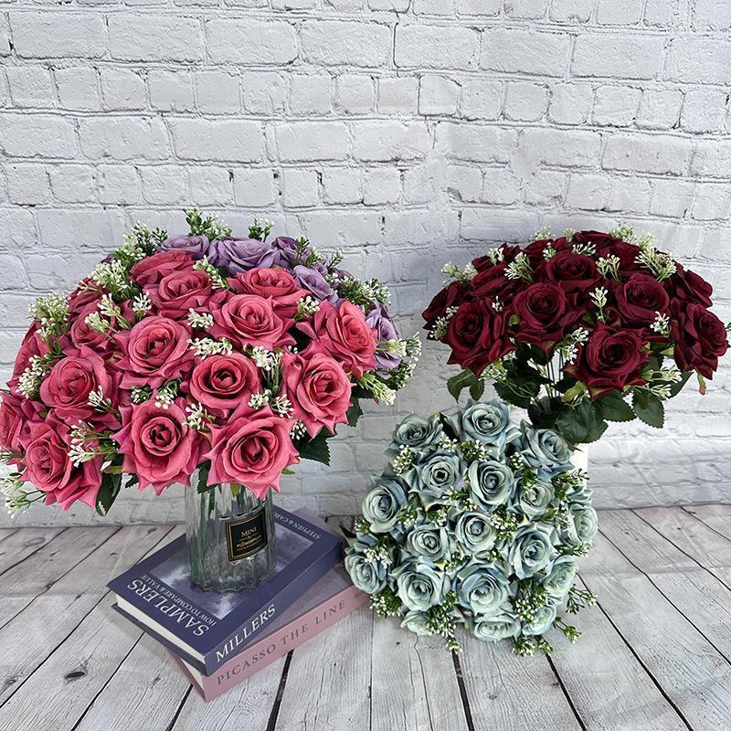 18-Head Artificial Ice Heart Corner Rose Bouquet | Valentine's Day Wedding Home Desktop & DIY Decor in Red Pink White Yellow