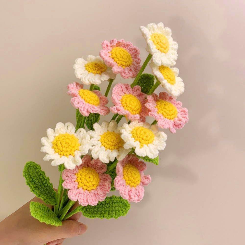 6pcs Handmade Knitted Sunflower Daisy Artificial Flowers for Decorative Crochet Flowers, Flocked Daisy Bouquets Plants Wedding Bedroom Centerpieces