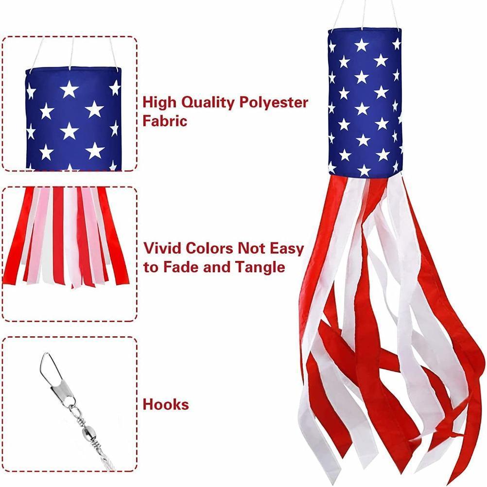 Heavy Duty American Windsock Set of 2 | 4th of July USA Patriotic Flag with Embroidered Stars for Outdoor Hanging