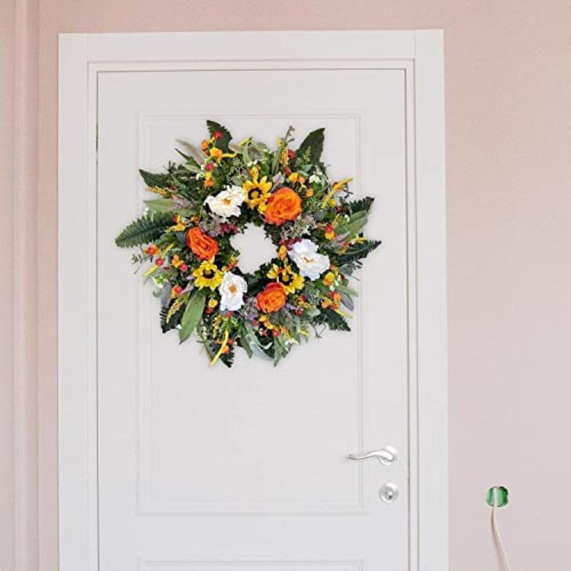 Colorful Artificial Floral Wreath with Sunflower and Green Leaves | Front Door Wall Spring Summer Party & Graduation Decor