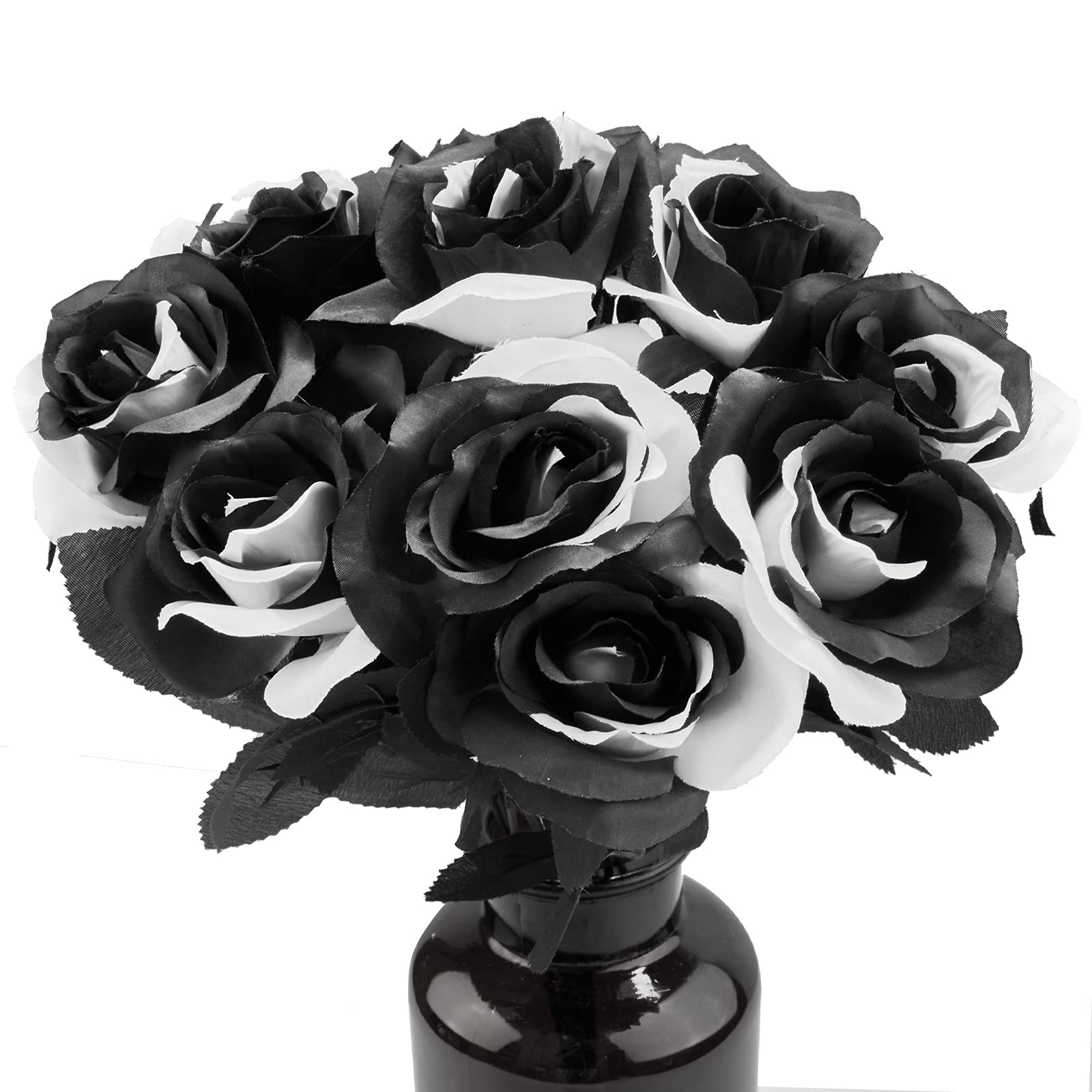 Black & White Artificial Roses with Stems | 10PCS Gothic Wedding Halloween Decor