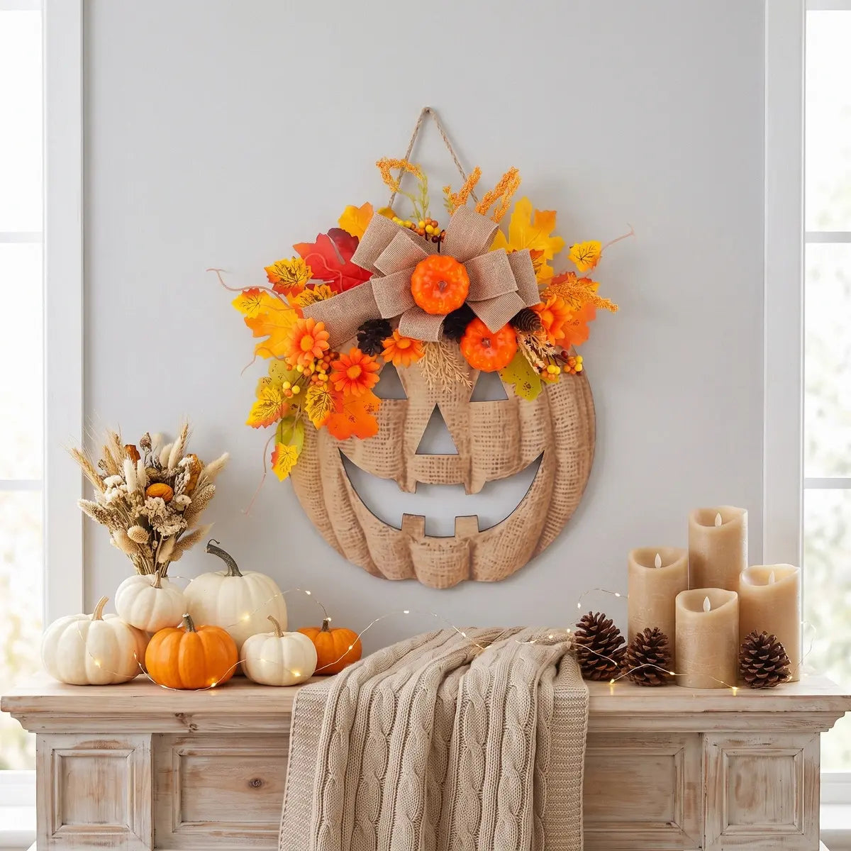Close-up of burlap pumpkin wreath showing patchwork pumpkin face with orange floral accents and autumn foliage