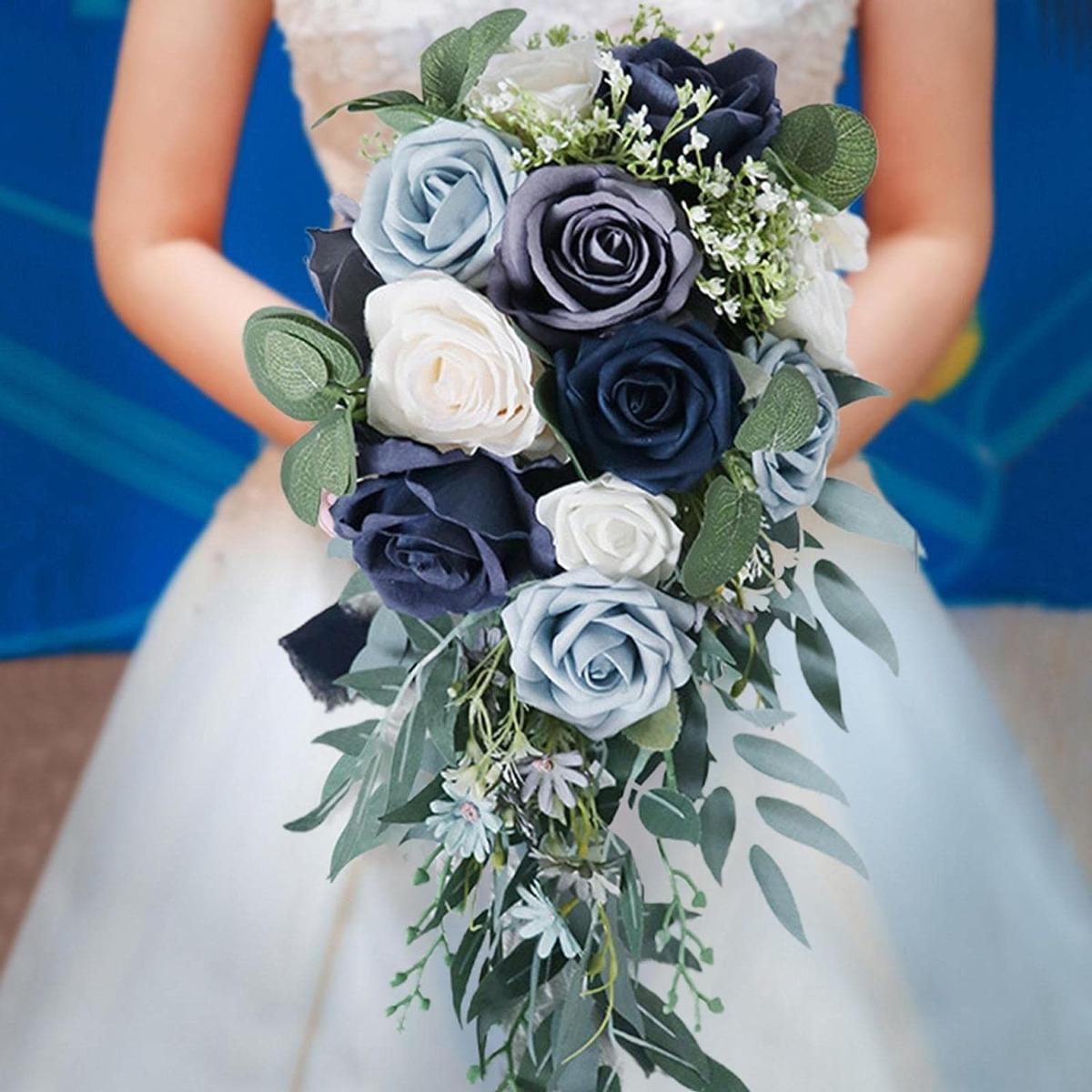 17 Inch Water Drop Blue Rose Bridal Bouquet | Luxury French Style Wedding Bridesmaid & Photo Shoot