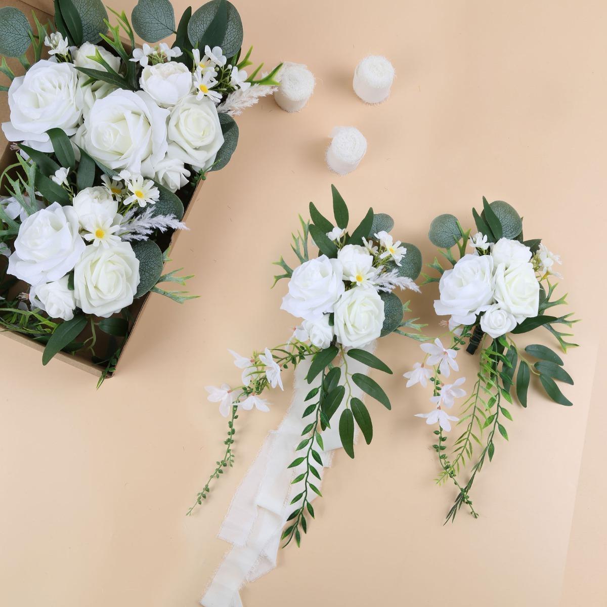 Artificial Flower Chair Decorations with Chiffon Ribbons 4pcs | Wedding Ceremony Banquet & Party Chair Decor in 10 Colors