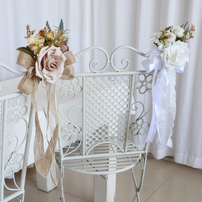 Artificial Flower Pew Decorations 2pcs with Eucalyptus and Ribbons | Wedding Aisle Church Chair Ceremony & Party Decor in White Champagne Pink Orange Blue Red