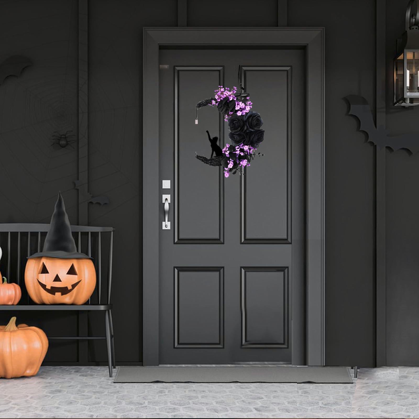 Halloween Bat Black Branch Glowing Wreath | Faux Floral Round Front Door Wall & Party Decor in Orange Purple White