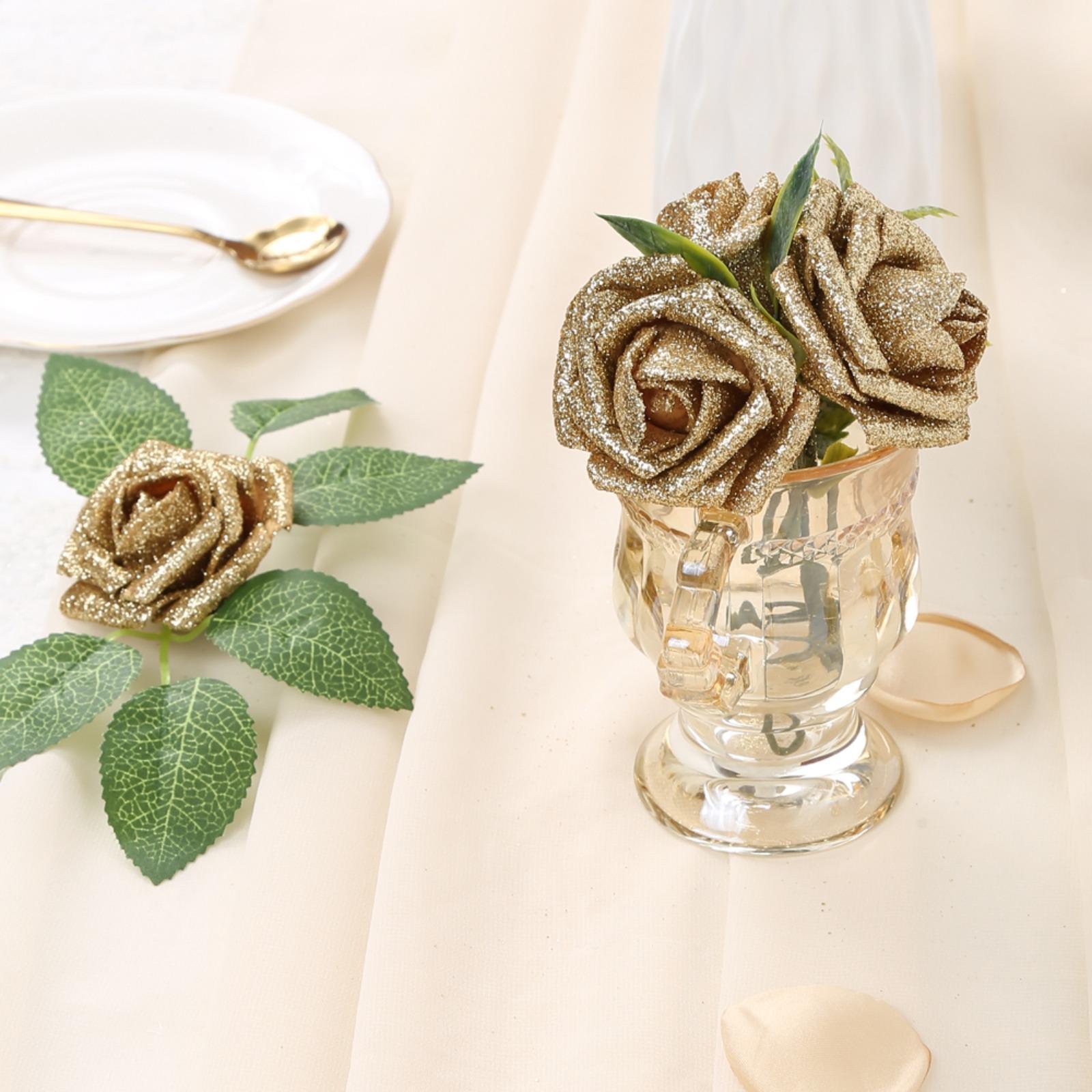 Glitter Foam Roses with Stems 25pcs | Wedding Bridal Bouquet Valentine's Day Party & Home Decor in Gold Silver
