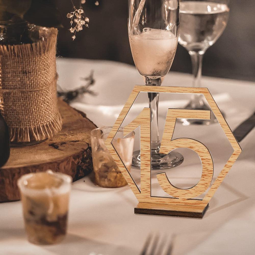 Hexagon Wooden Table Numbers 1-20 with Holder Base | Rustic Wedding Reception Decor