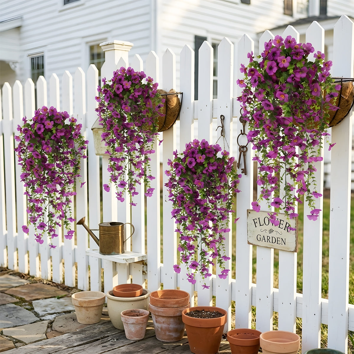 Artificial Hanging Flowers for Outdoors, Morning Glory Artificial Flowers with Eucalyptus Leaves, UV Resistant Fake Flower Realistic Faux Plants for Home Patio Porch Garden