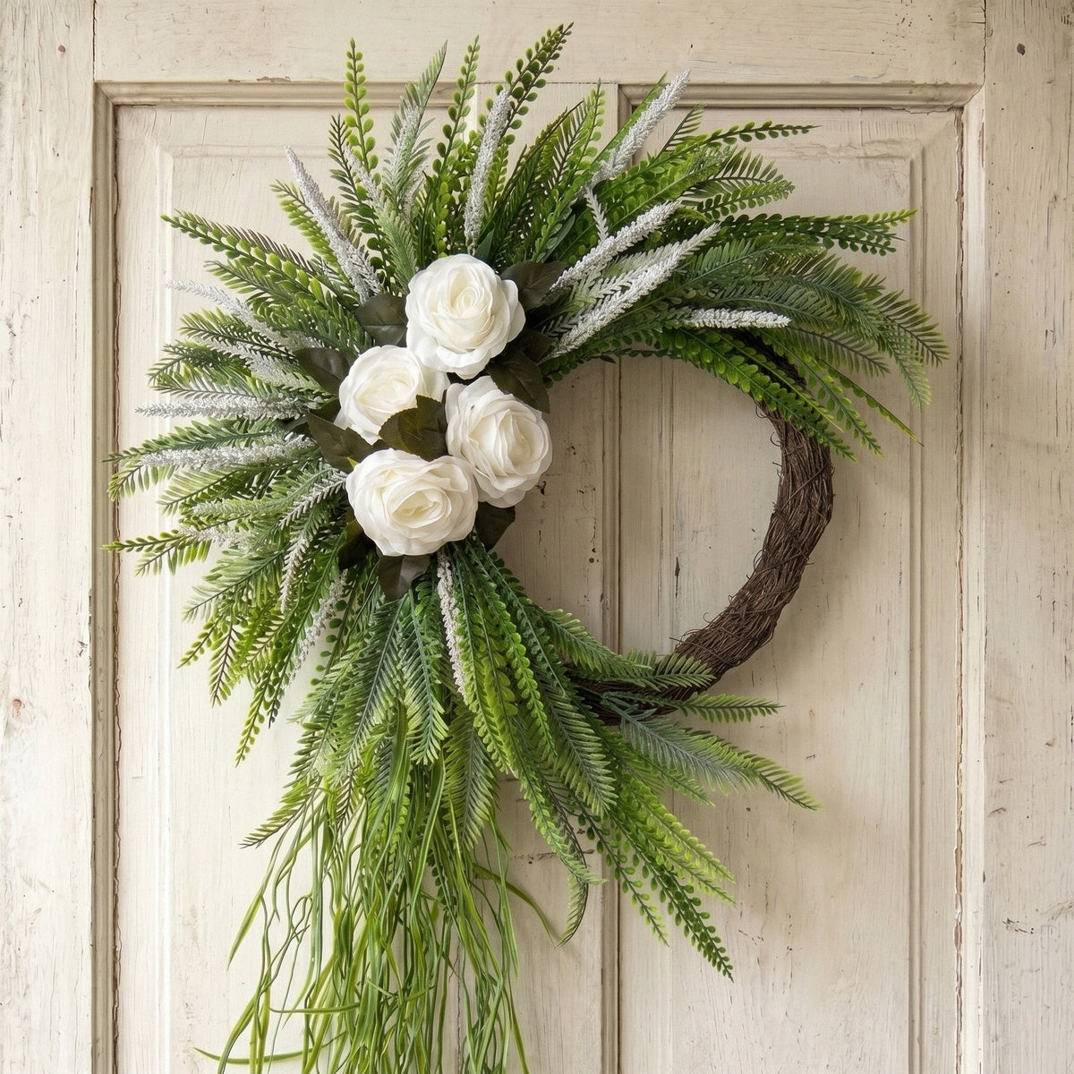 Bohemian Fern Wreath with White Rose Cascading Design Front Door Decor Spring Summer Home Wall Hanging Porch Art