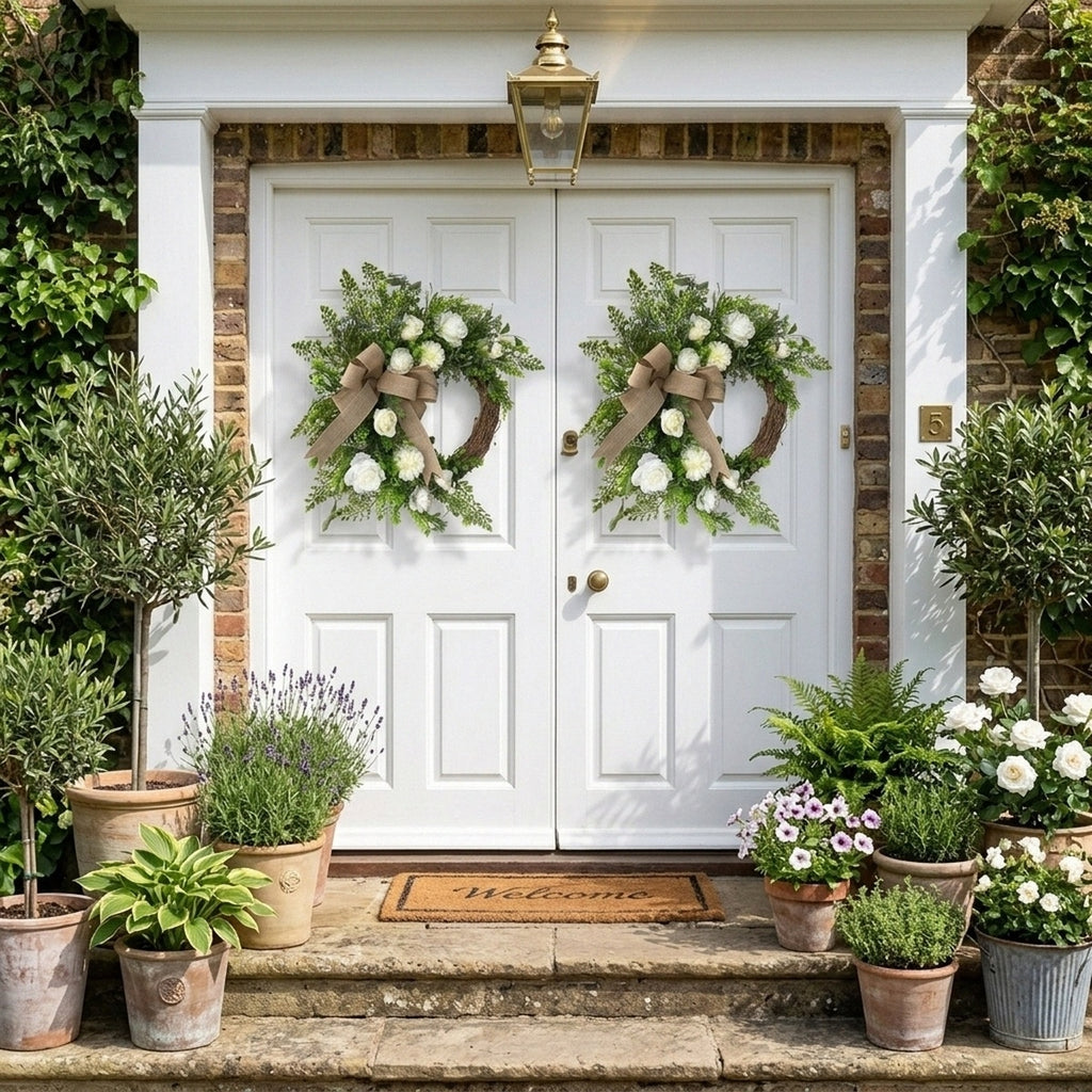 Artificial White Rose & Greenery Wreath with Burlap Bow, Rustic Farmhouse Spring Summer Wreath for Front Door Outdoor Porch Wall Home Decor