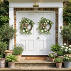 Artificial White Rose & Greenery Wreath with Burlap Bow, Rustic Farmhouse Spring Summer Wreath for Front Door Outdoor Porch Wall Home Decor