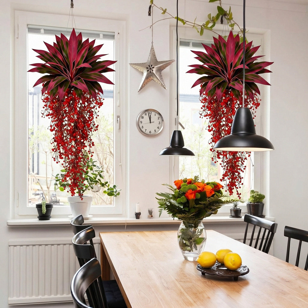 Artificial Red Ti Plant with Cascading Berry Bushes Fake Cordyline Fruticosa Polyester Tropical Leaves for Home Garden Patio Porch Wall Hanging Decor
