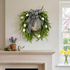 Modern Classic Front Door Wreath with Tulip & Black White Striped Bow Green Foliage for Spring Summer Home Porch & Wall Decor