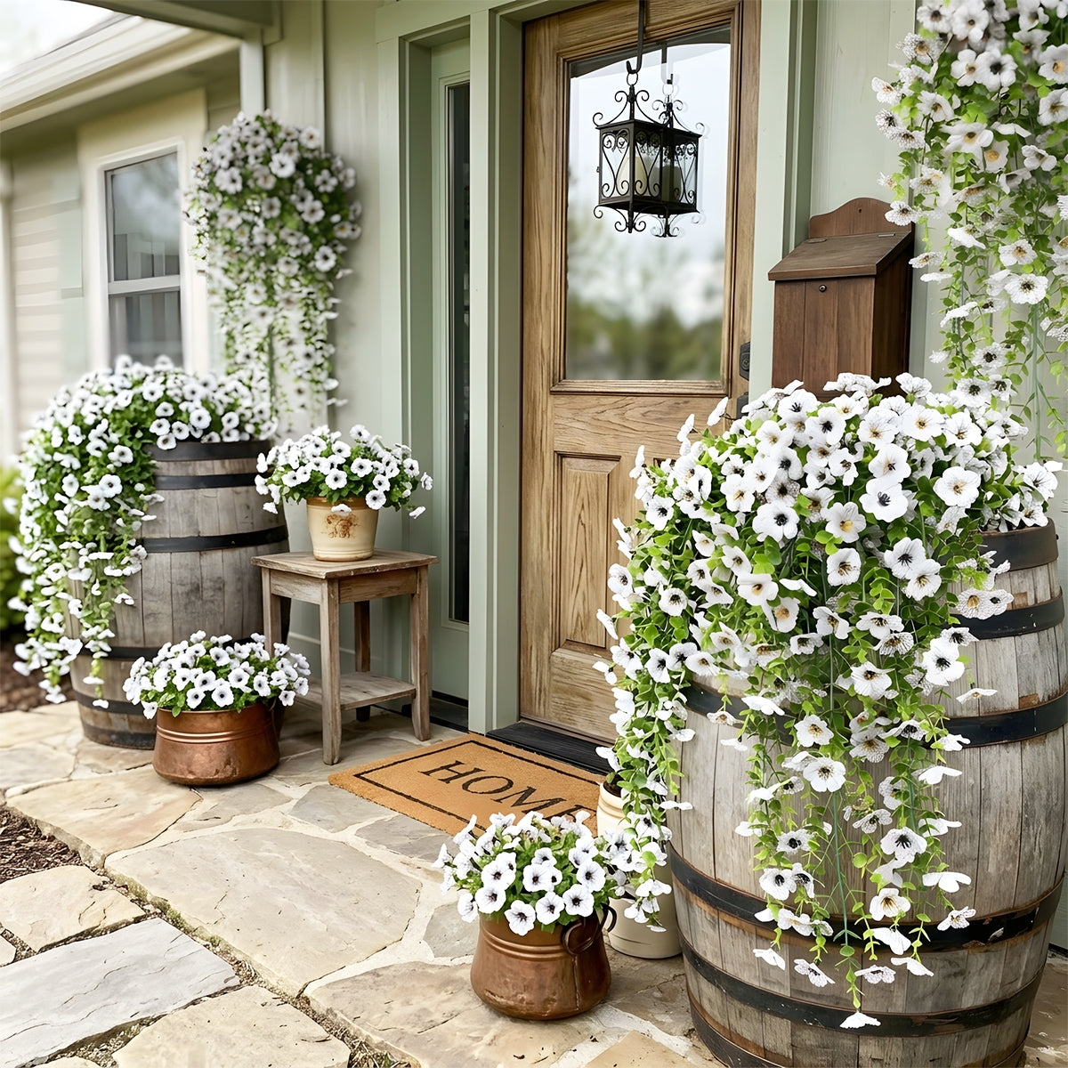Artificial Hanging Flowers for Outdoors, Morning Glory Artificial Flowers with Eucalyptus Leaves, UV Resistant Fake Flower Realistic Faux Plants for Home Patio Porch Garden