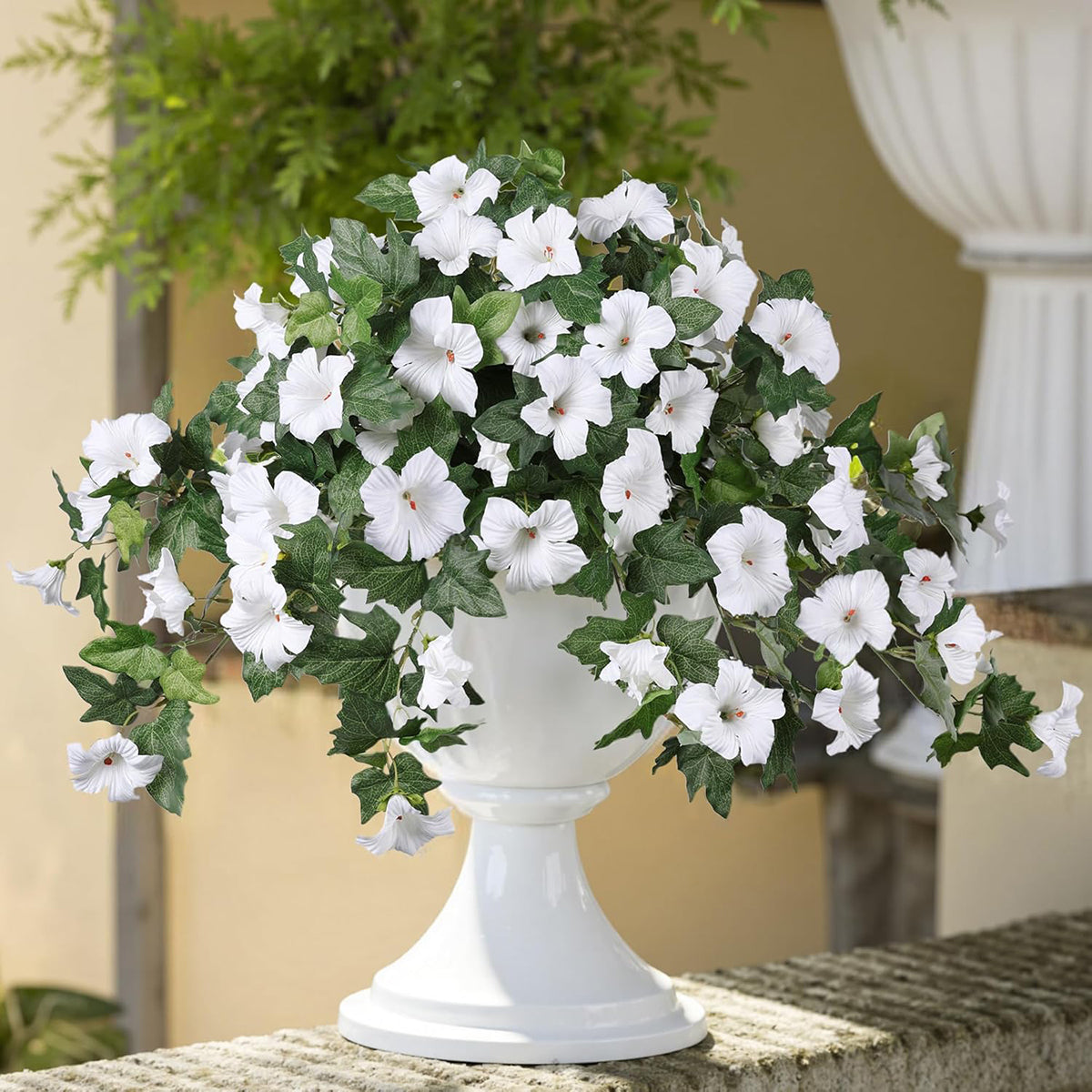 Artificial Hanging Flowers Plants with Basket for Outdoors, Artificial Petunias UV Resistant Petunias Fake Flowers for Outdoor Garden Porch Balcony Decoration