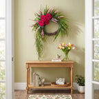 Artificial Rose Fern Wreath with Cascading Greenery and Pink Accents Boho Door Wall Hanging Decor