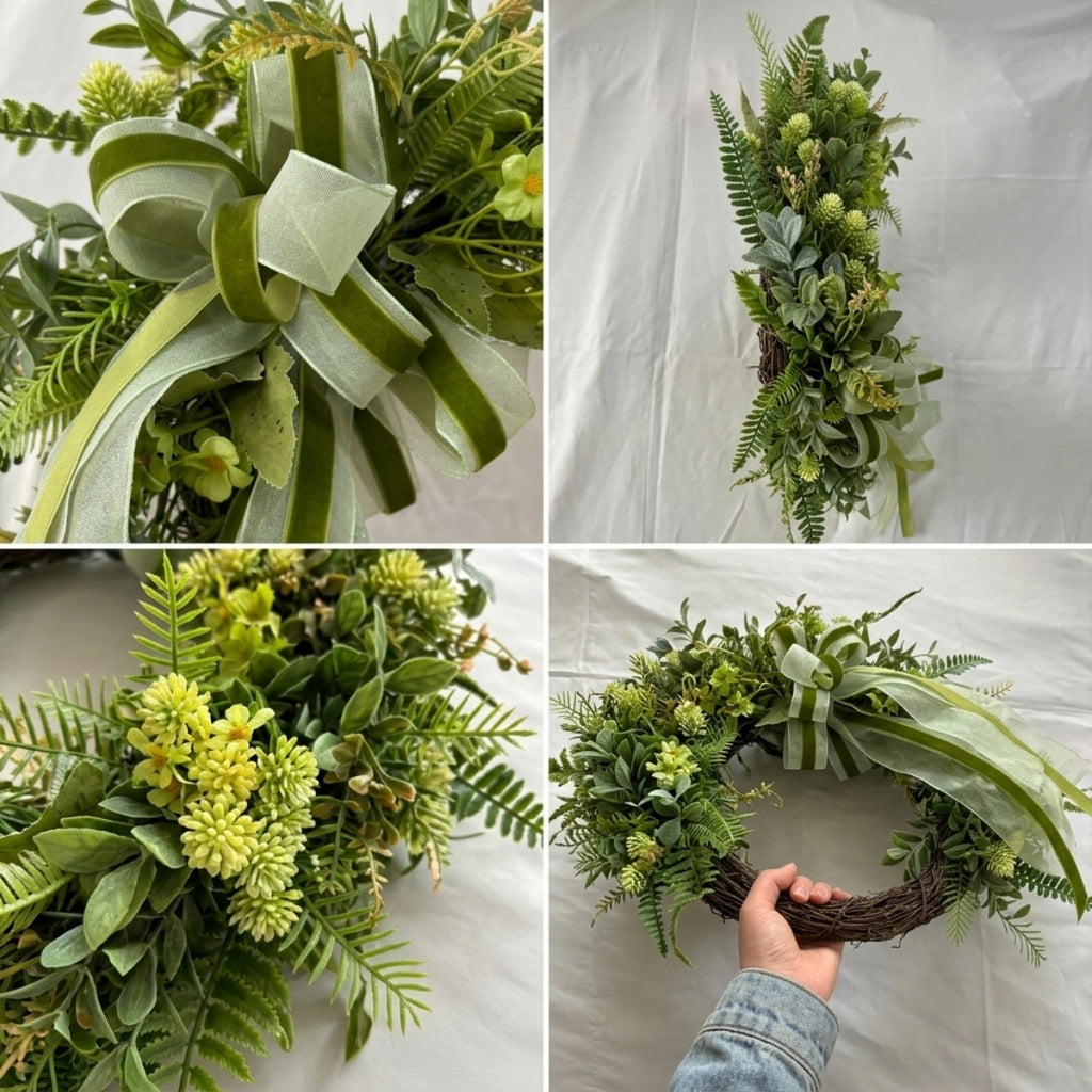 Artificial Greenery Wreath with Ribbon Bow, Rustic Farmhouse Spring Summer Wreath for Front Door Outdoor Porch Wall Home Decor