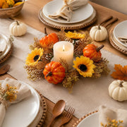 Orange Pumpkin Sunflower Fall Candle Ring – Set of 4, 9.8in