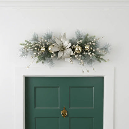 Christmas Swag Poinsettia Garland Centered Over Front Door Lintel – Champagne Gold Holiday Decor
