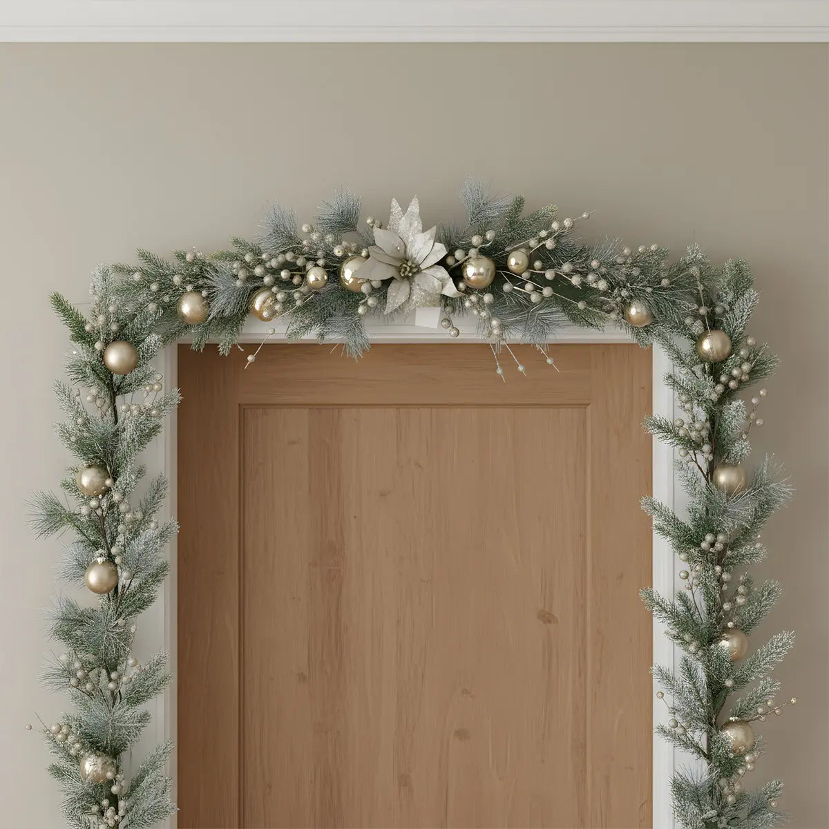 Christmas Poinsettia Swag Garland Framing a Front Door – Indoor Outdoor Holiday Decoration
