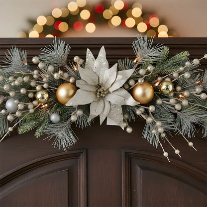 Close-Up of Artificial Christmas Poinsettia Door Swag with Gold Ball Ornaments and Pine Branches
