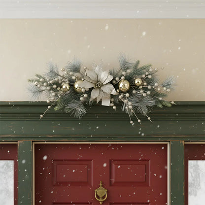 27.59 Inch Christmas Poinsettia Swag Garland Hung Over Green Front Door – Holiday Entryway Decor
