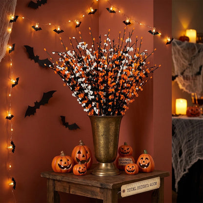 Halloween Artificial Berry Stems | Black Orange White Curly Branches | Spooky Fall Vase Filler