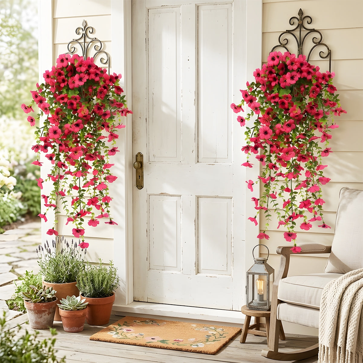 Artificial Hanging Flowers for Outdoors, Morning Glory Artificial Flowers with Eucalyptus Leaves, UV Resistant Fake Flower Realistic Faux Plants for Home Patio Porch Garden