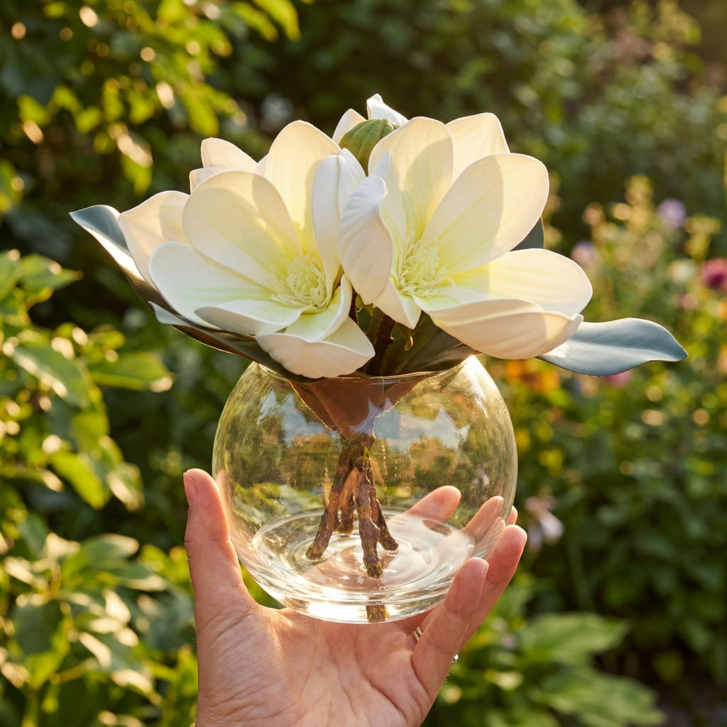 Artificial Magnolia Flowers in Glass Vase with Fake Water | Home Decor Bathroom Office Centerpiece