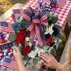 Patriotic Americana Wreath with Red White Blue Hydrangea & Flag Bow | 4th of July Front Door Decor for Summer Holiday Home Porch Wall Art