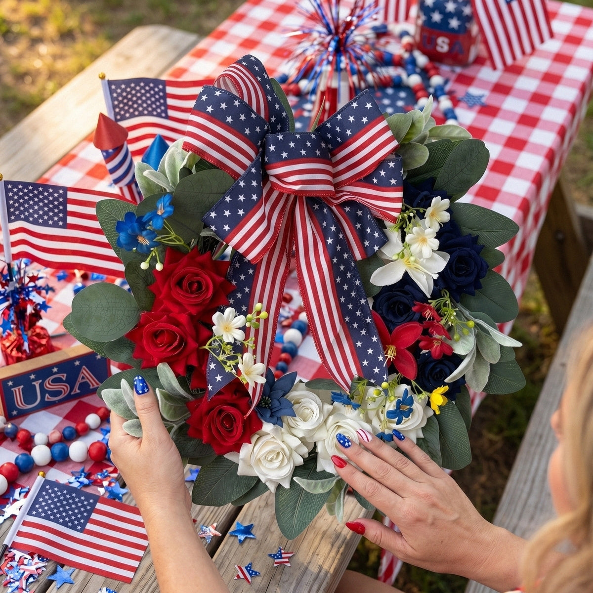 Patriotic Americana Wreath Fourth of July Front Door Decor Red White Blue Hydrangea Wreath with Flag Bow Summer Holiday Wall Art for Home Porch